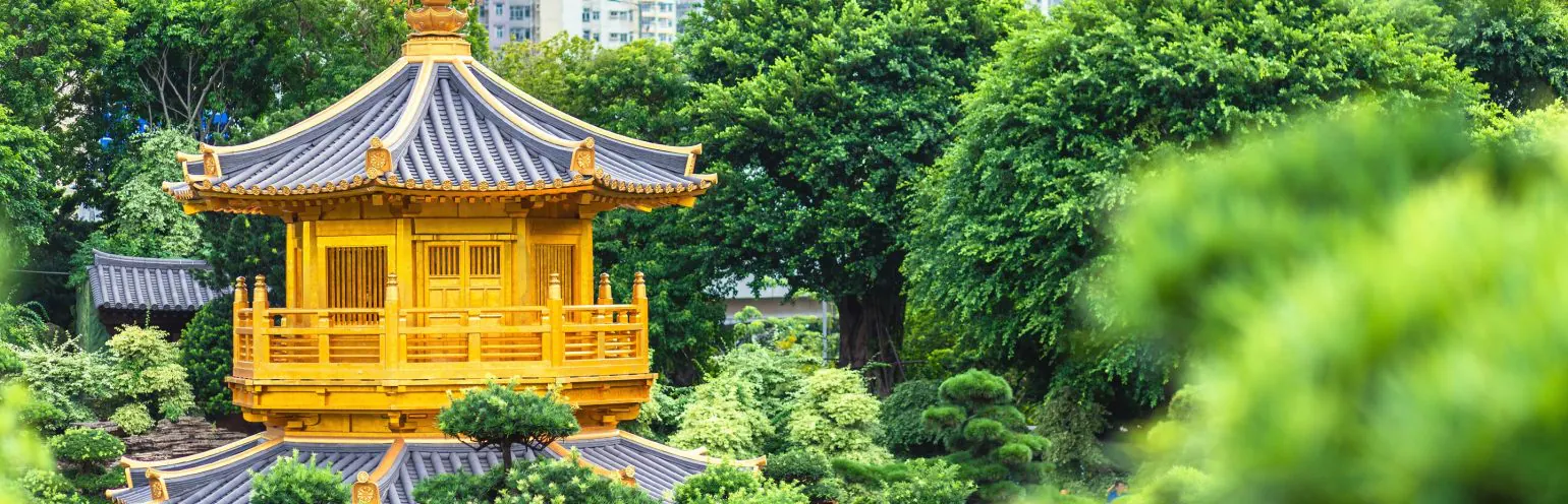 Hong Kong skyline and harbor at sunset